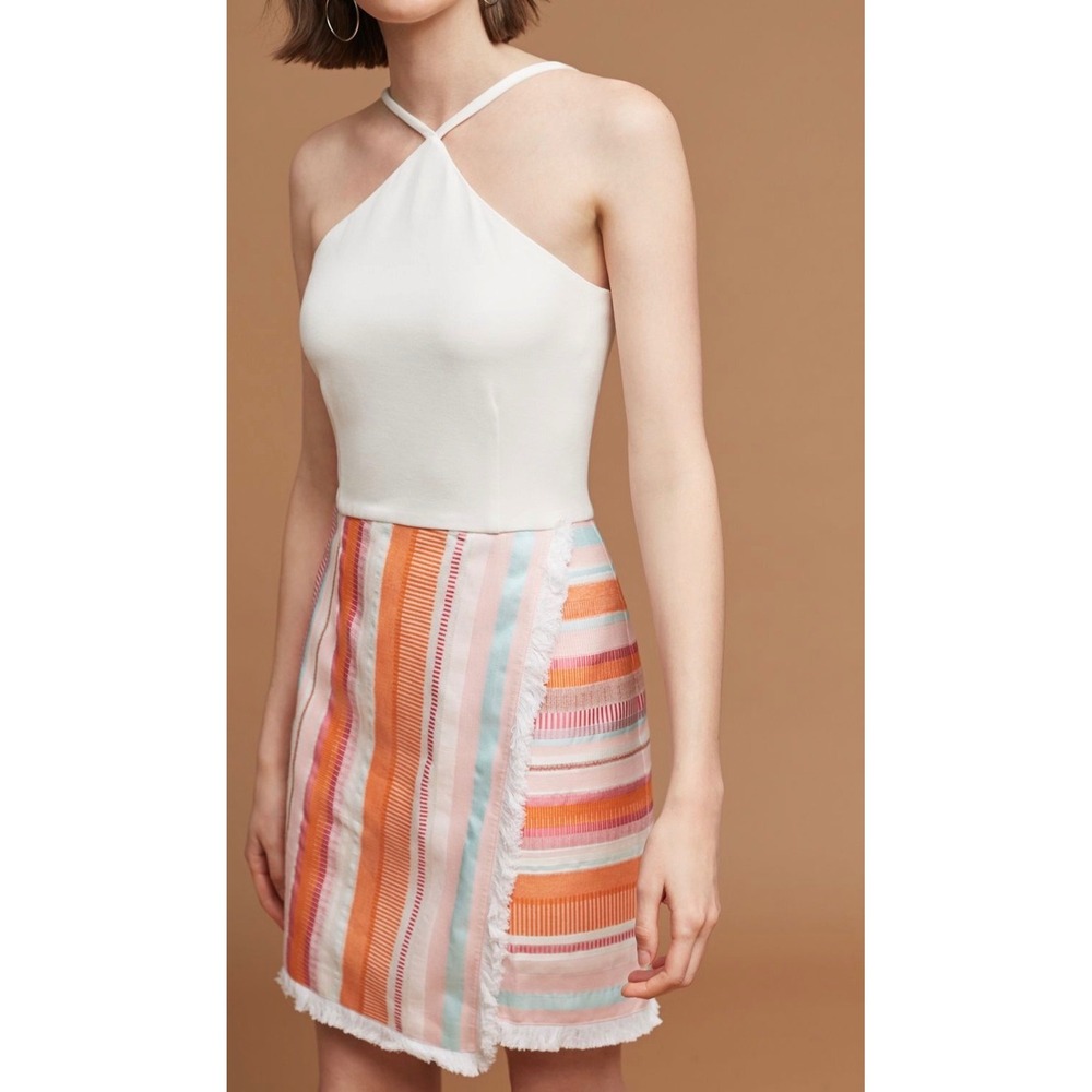Anthropologie Hutch Kalyn Halter Mini Dress Fringe Wrap Skirt Orange Pink Size 8